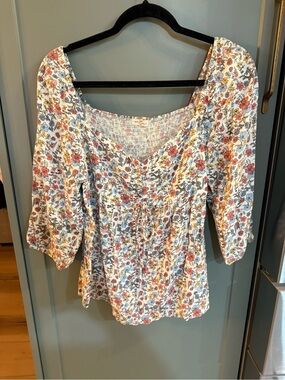 Boutique Floral Peasant Blouse - White with Pink & Blue Flowers